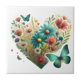 Whispering Wildflower Butterflies Botanical Ceramic Tile