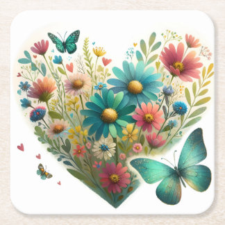 Whispering Wildflower Butterflies Botanical Square Paper Coaster
