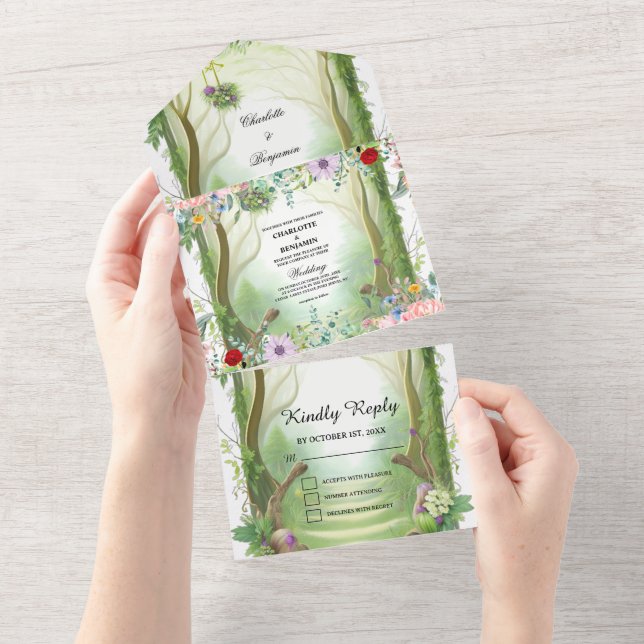Whispering Woodland Green Enchanted Forest Wedding All In One Invitation (Tearaway)