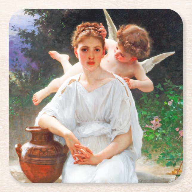 Whisperings of Love, Bouguereau Square Paper Coaster (Front)