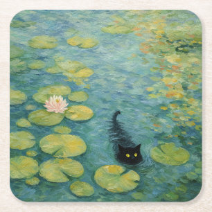 Whispers by the Lily Pond – Black Cat Square Paper Coaster