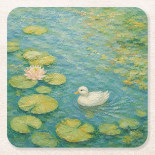 Whispers by the Lily Pond – Little White Duck  Square Paper Coaster