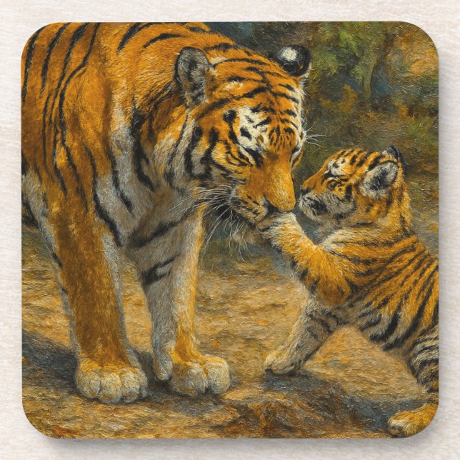 Whispers in the Wild – Tiger and Cub in Forest Coaster (Front)