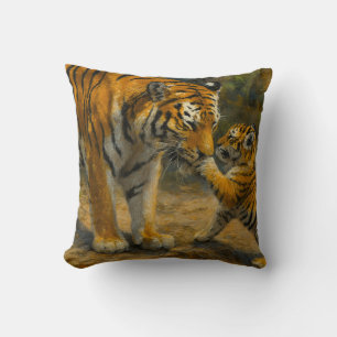 Whispers in the Wild – Tiger and Cub in Forest Cushion