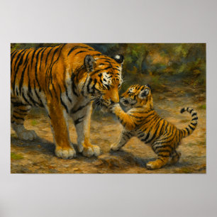 Whispers in the Wild – Tiger and Cub in Forest Poster