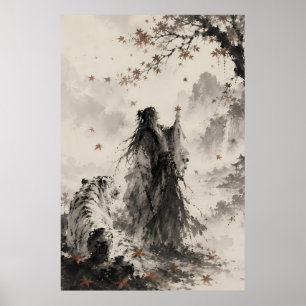 Whispers of Autumn White Tiger and Wanderer Ink Poster