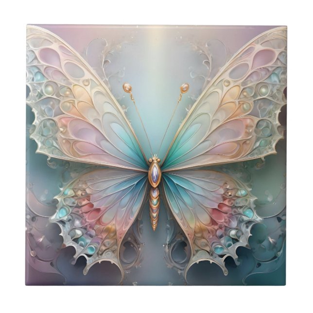 Whispers of Color: Pastel Fractal Butterfly Dream Ceramic Tile (Front)