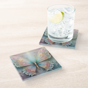 Whispers of Color: Pastel Fractal Butterfly Dream Glass Coaster