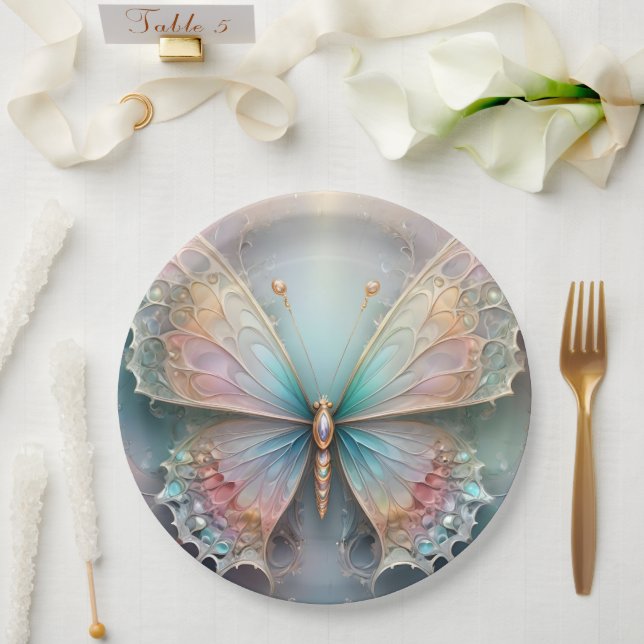 Whispers of Color: Pastel Fractal Butterfly Dream Paper Plate (Wedding)