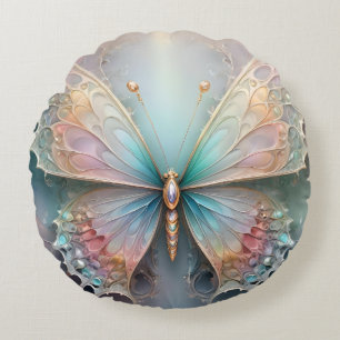 Whispers of Color: Pastel Fractal Butterfly Dream Round Cushion