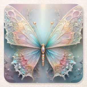 Whispers of Color: Pastel Fractal Butterfly Dream Square Paper Coaster