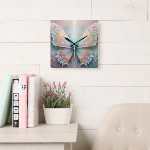 Whispers of Color: Pastel Fractal Butterfly Dream Square Wall Clock