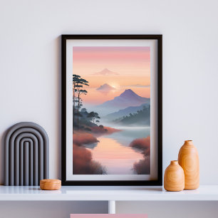 Whispers of Dawn Tranquil Mountain River Landscape Poster