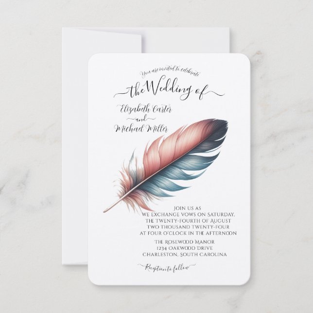 Whispers of Grace Feathered Elegance Minimalism Invitation (Front)