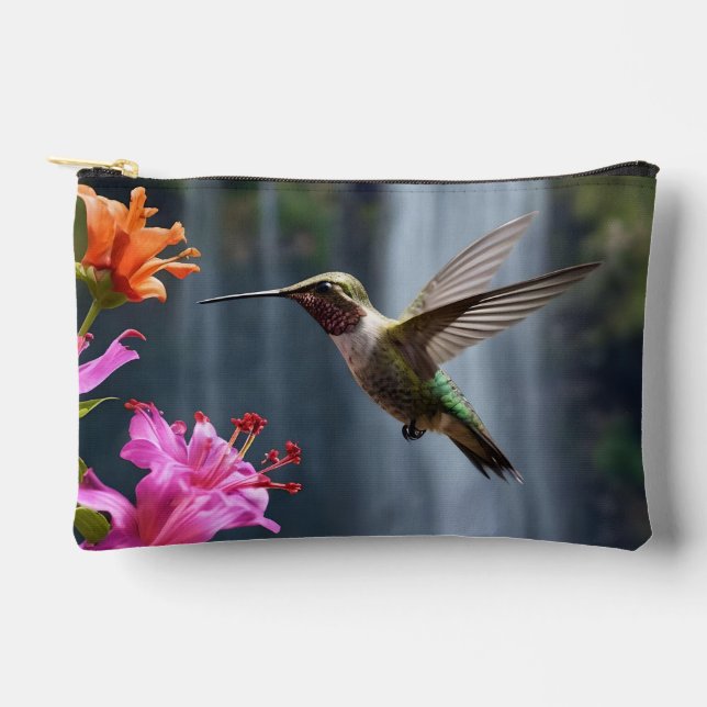 "Whispers of Nature: Hummingbird, Waterfall,  Accessory Pouch (Front)