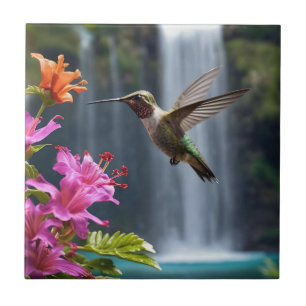 "Whispers of Nature: Hummingbird, Waterfall Ceramic Tile