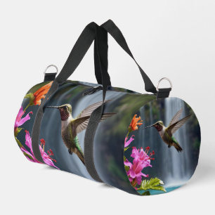 "Whispers of Nature: Hummingbird, Waterfall, Duffle Bag