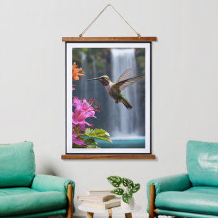 "Whispers of Nature: Hummingbird, Waterfall Hanging Tapestry