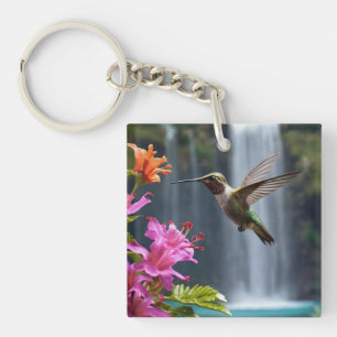 "Whispers of Nature: Hummingbird, Waterfall, Key Ring