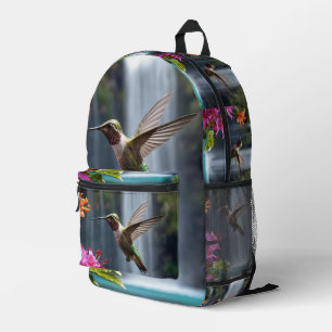 "Whispers of Nature: Hummingbird, Waterfall, Printed Backpack