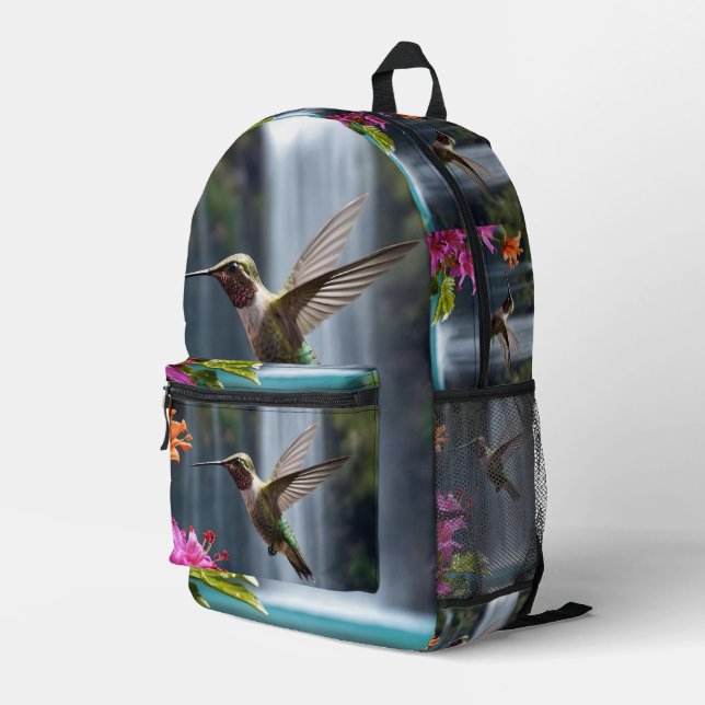 "Whispers of Nature: Hummingbird, Waterfall,  Printed Backpack (Back Corner Right)