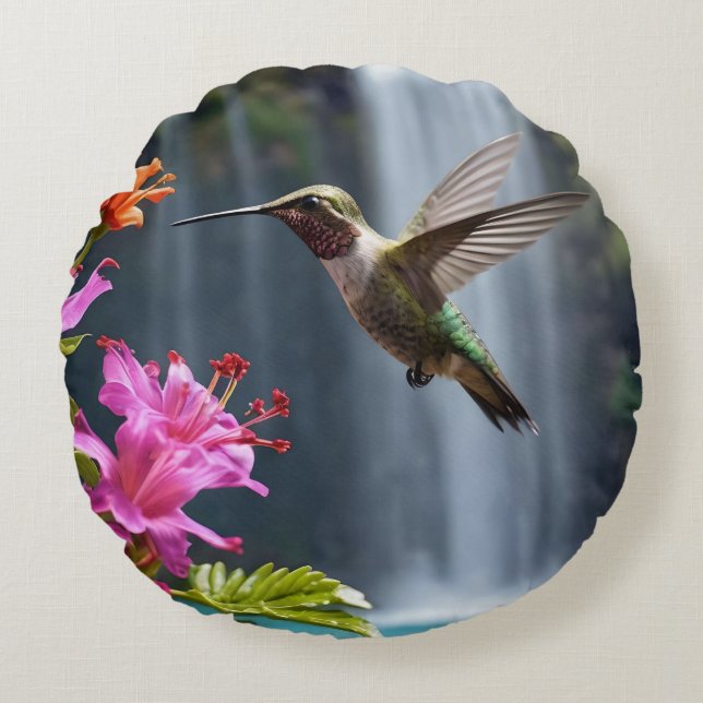 "Whispers of Nature: Hummingbird, Waterfall Round Cushion (Front)