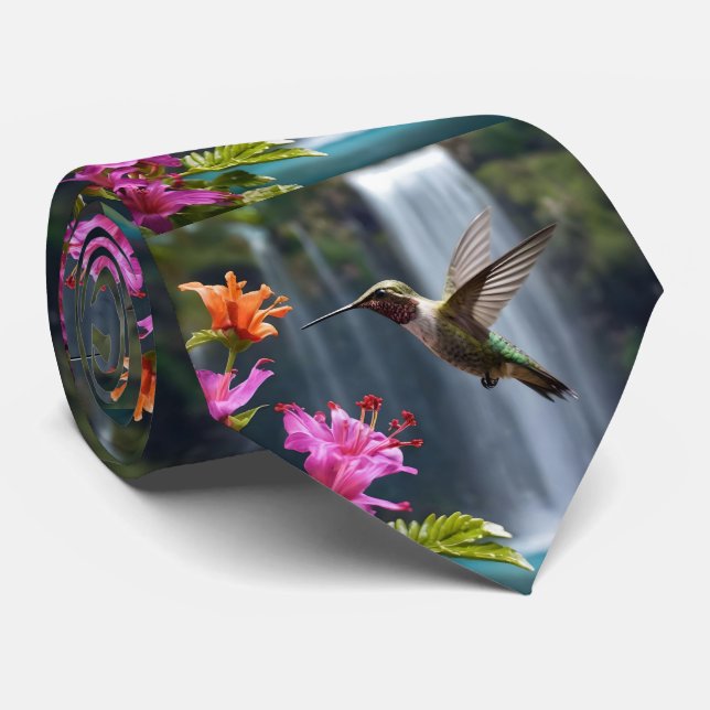 "Whispers of Nature: Hummingbird, Waterfall,  Tie (Rolled)