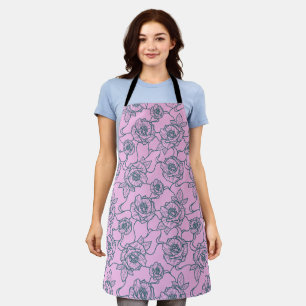 Whispers of Rose, Elegant Line Art Floral Pattern Apron
