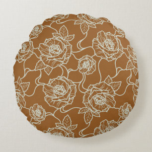 Whispers of Rose, Elegant Line Art Floral Pattern Round Cushion