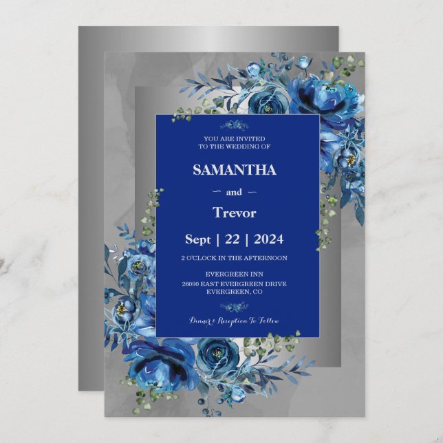 Whispers of Silver, Blooms of Blue Wedding Invitation (Front/Back)