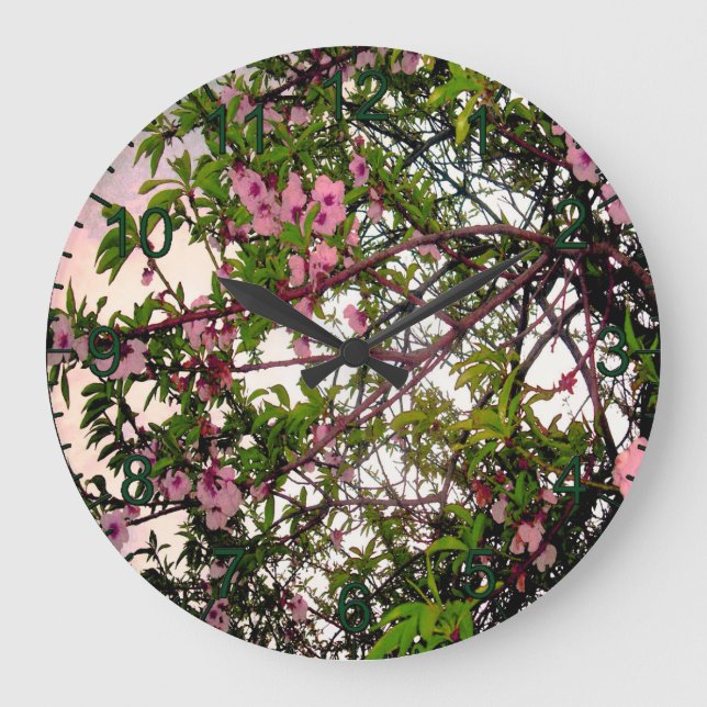 "Whispers of Spring: Watercolor Pink Blossom Tree" Large Clock (Front)