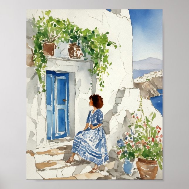 Whispers of the Aegean Santorini Watercolor Poster (Front)