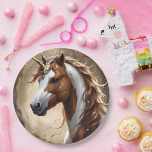 Whispers Of The Brown And White Fantasy Unicorn, Paper Plate