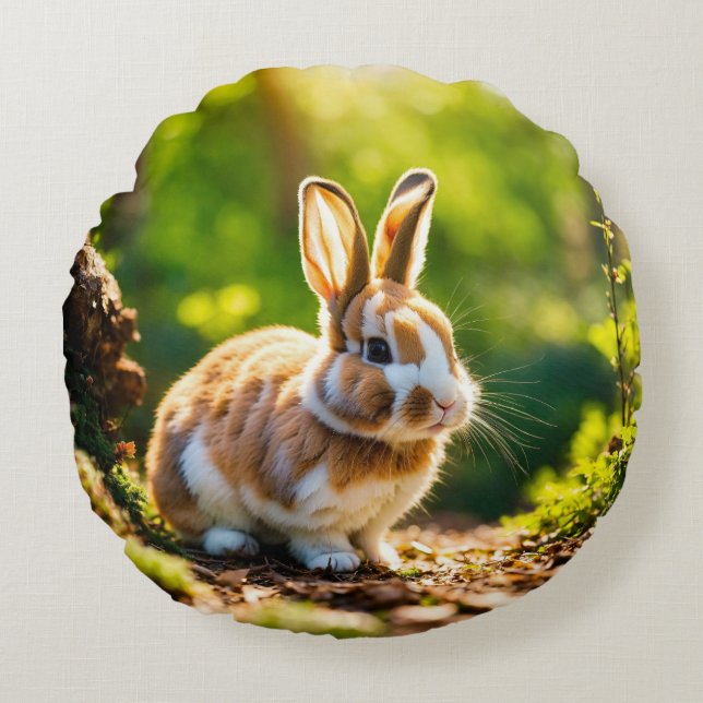 Whispers of the Forest: A Rabbit’s Gentle Pause Round Cushion (Front)