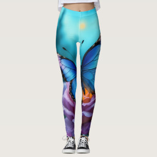 Whispers of the Garden Blue Butterfly & Mauve Rose Leggings