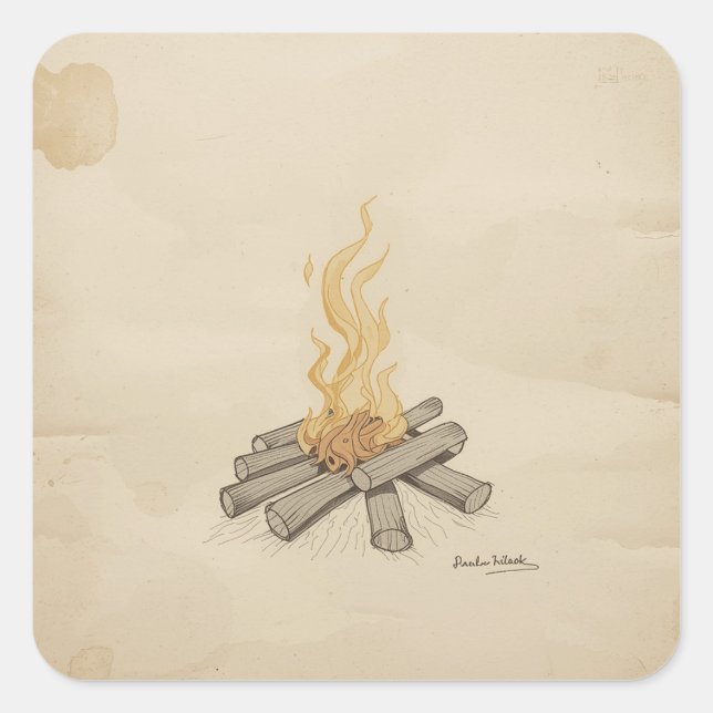 Whispers of Warmth: Timeless Campfire Sketch Paint Square Sticker (Front)