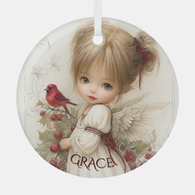 Whispers of Winter – Fairy Child with Cardinal  Glass Tree Decoration (Front)