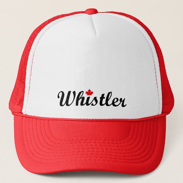 Whistler Canada Script Text Small Maple Leaf Trucker Hat (Front)