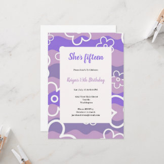 Whit and purple birthday party invitation