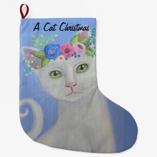 Whit Cat Whimsical Art Christmas Stocking