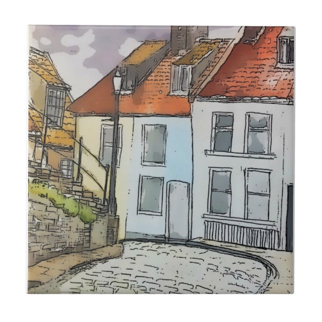 Whitby Steps Scarborough Original Painting  Ceramic Tile (Front)