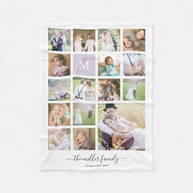 White 16 Photo Collage Monogram Name Calligraphy Fleece Blanket (Front)