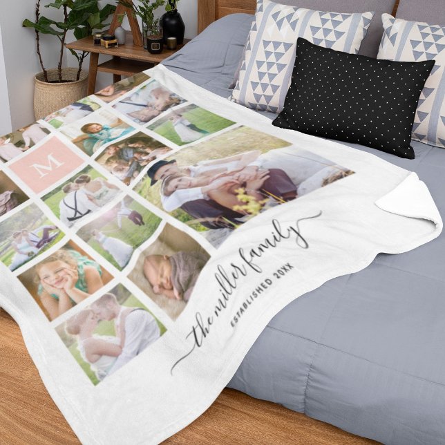 White 16 Photo Collage Monogram Name Calligraphy Fleece Blanket (Creator Uploaded)