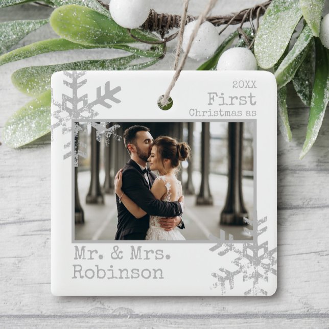 White 1st Christmas Mr. & Mrs. Photo Ceramic Ornament (Rustic snowflake newlywed holiday keepsake photo ornament perfect for gifts to bring joy to others.)