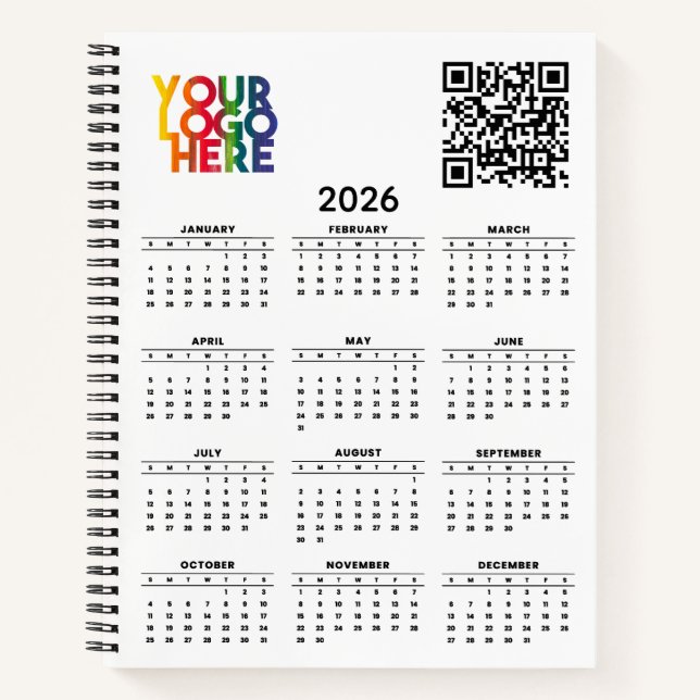 White 2026 Calendar Business Logo QR Code Notebook (Front)