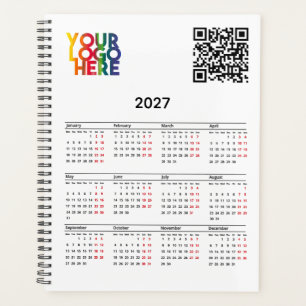 White 2026 Calendar Business Logo QR Code Planner