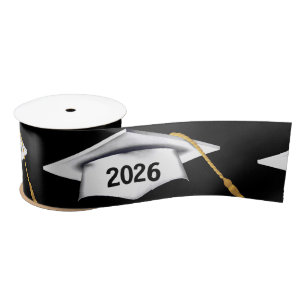 White 2026 Graduation Caps On Black Satin Ribbon
