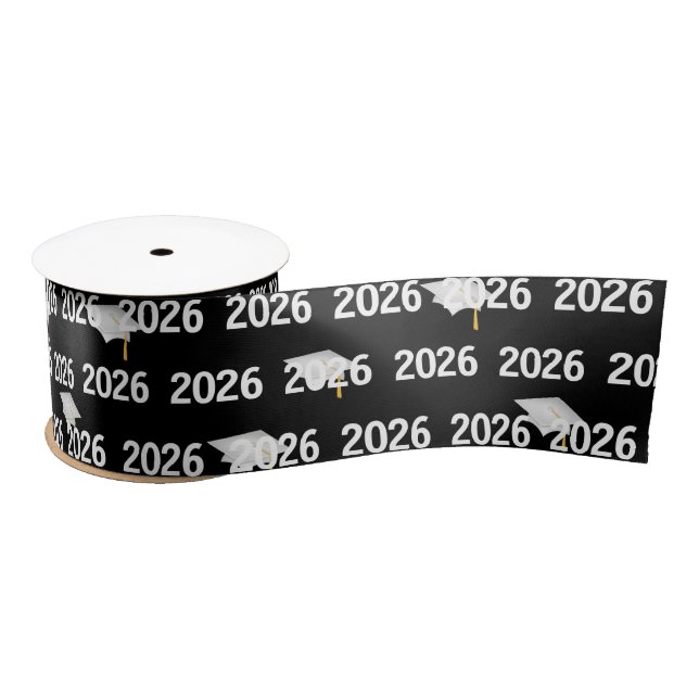White 2026 Graduation Caps on Black Satin Ribbon (Spool)