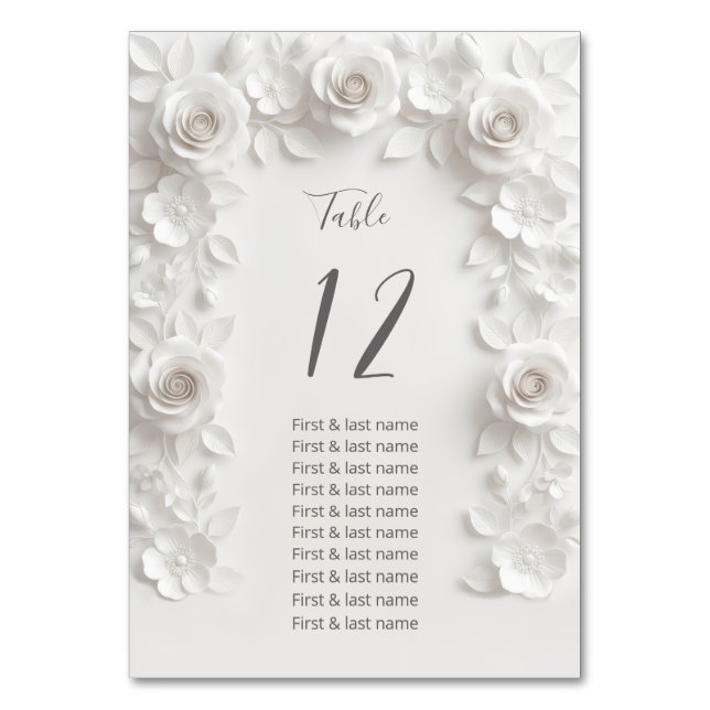 White 2D Roses Wedding Guest Names  Table Number (Front)