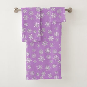 White 3-d snowflakes on a lilac background bath towel set